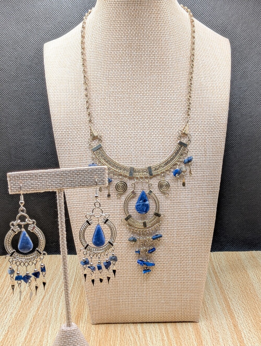 Vintage Alpaca Silver Blue Agate Set - Necklace And Earrings